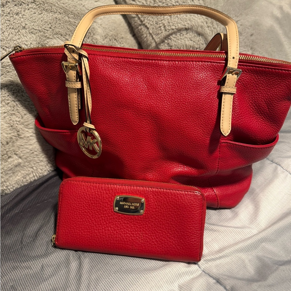 Michael Kors Red Pebbled Tote with Cream Handles and Matching Wallet